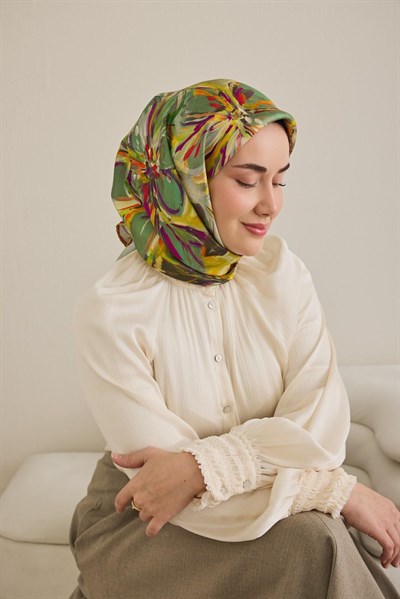 Twill İpek Eşarp Floral Art Desen Koyu Yeşil 90x90
