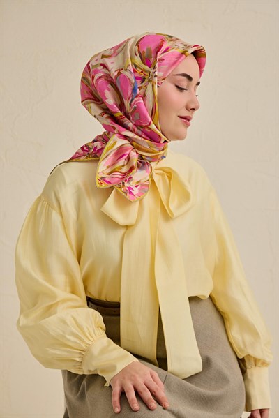 Twill İpek Eşarp Floral Art Desen Krem 90x90