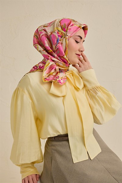 Twill İpek Eşarp Floral Art Desen Krem 90x90