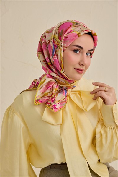 Twill İpek Eşarp Floral Art Desen Krem 90x90