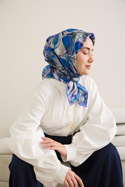Twill İpek Eşarp Floral Art Desen Lacivert 90x90