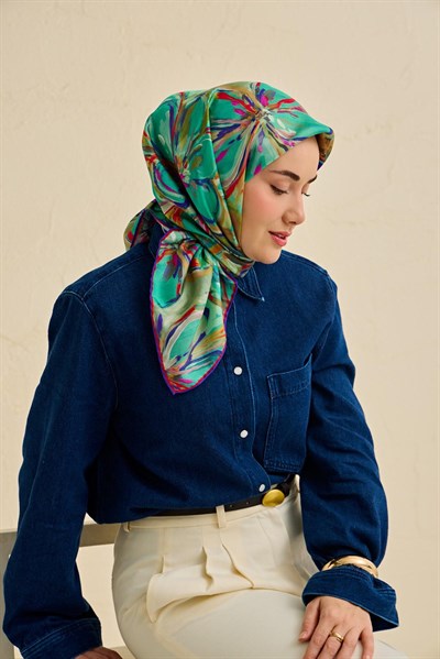 Twill İpek Eşarp Floral Art Desen Patina Yeşili 90x90