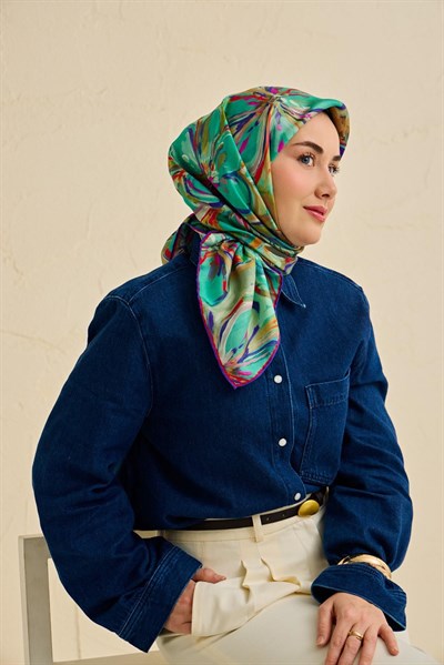 Twill İpek Eşarp Floral Art Desen Patina Yeşili 90x90