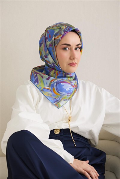 Twill İpek Eşarp Floral Art Desen Su Yeşili 90x90
