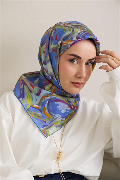Twill İpek Eşarp Floral Art Desen Su Yeşili 90x90
