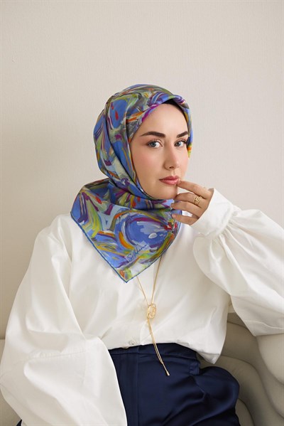 Twill İpek Eşarp Floral Art Desen Su Yeşili 90x90