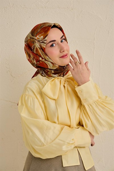 Twill İpek Eşarp Floral Art Desen Taş 90x90