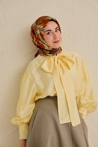Twill İpek Eşarp Floral Art Desen Taş 90x90