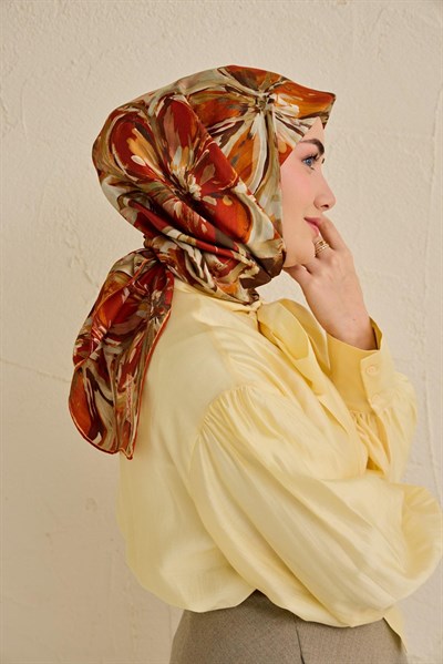 Twill İpek Eşarp Floral Art Desen Taş 90x90