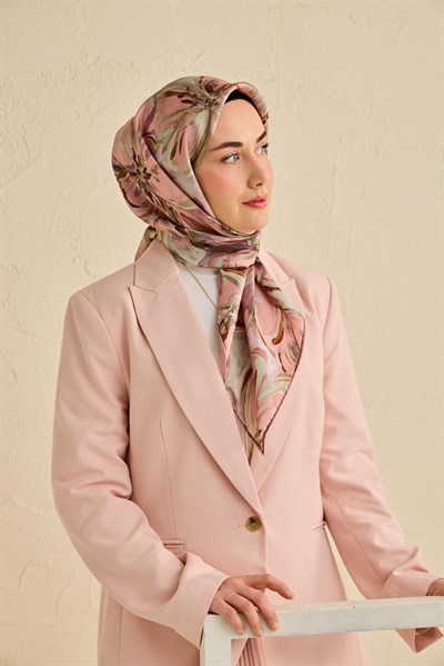 Twill İpek Eşarp Floral Art Desen Toz Pembe 90x90