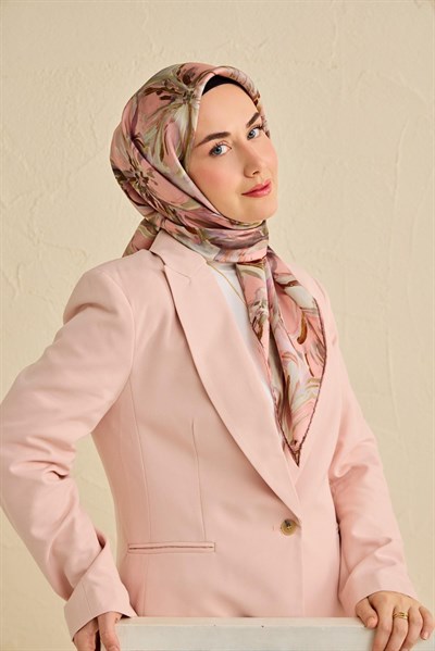Twill İpek Eşarp Floral Art Desen Toz Pembe 90x90