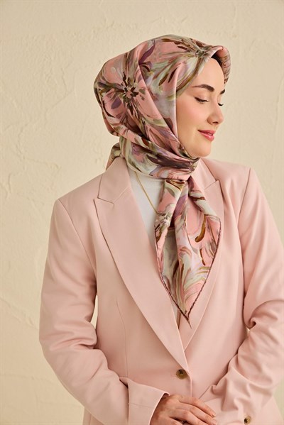 Twill İpek Eşarp Floral Art Desen Toz Pembe 90x90