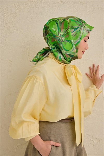 Twill İpek Eşarp Floral Art Desen Yeşil 90x90