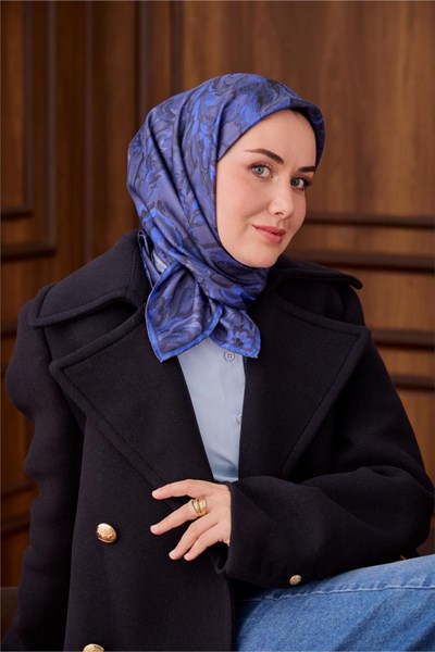 Twill İpek Eşarp Füme-Saks Desenli Tok Duruşlu 90x90