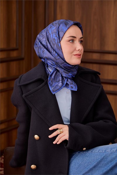 Twill İpek Eşarp Füme-Saks Desenli Tok Duruşlu 90x90
