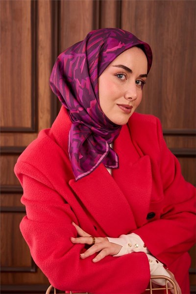 Twill İpek Eşarp Fuşya–Koyu Mor–Pembe Desenli Tok Duruşlu 90x90