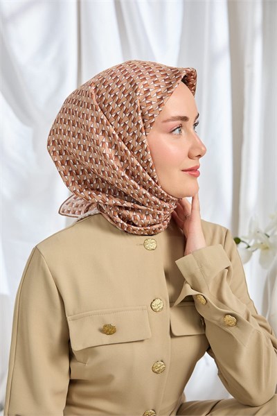 Twill İpek Eşarp Geometric Pattern Sütlü Kahve