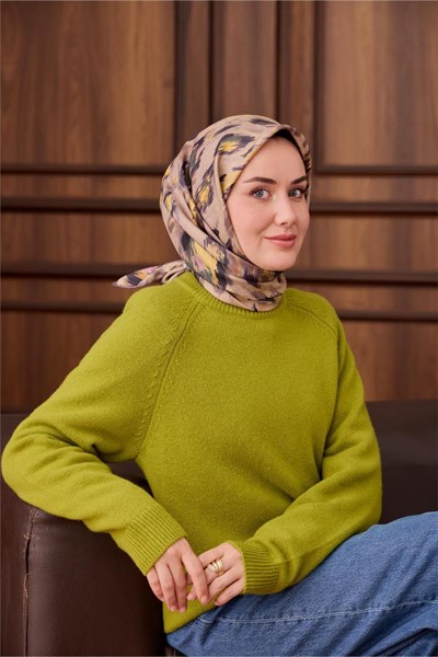 Twill İpek Eşarp Gri-Bej Desenli Tok Duruşlu 90x90
