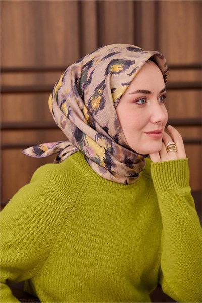 Twill İpek Eşarp Gri-Bej Desenli Tok Duruşlu 90x90