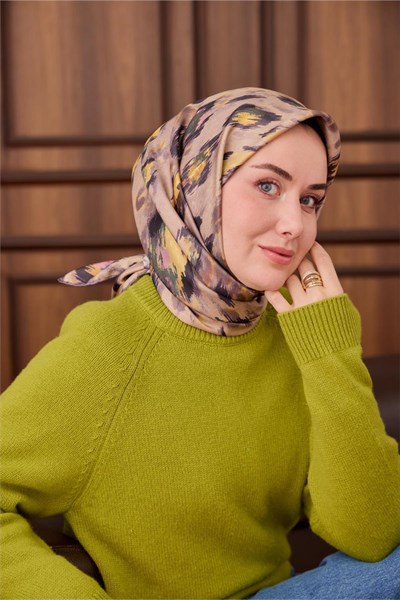 Twill İpek Eşarp Gri-Bej Desenli Tok Duruşlu 90x90