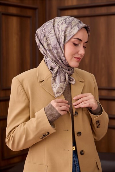 Twill İpek Eşarp Gri-Füme Desenli Tok Duruşlu 90x90