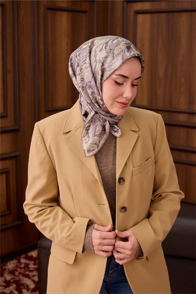 Twill İpek Eşarp Gri-Füme Desenli Tok Duruşlu 90x90