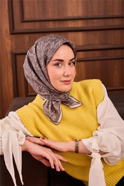 Twill İpek Eşarp Gri-Gümüş Çiçek Desenli Tok Duruşlu Kaymaz 90x90