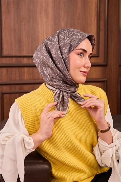 Twill İpek Eşarp Gri-Gümüş Çiçek Desenli Tok Duruşlu Kaymaz 90x90