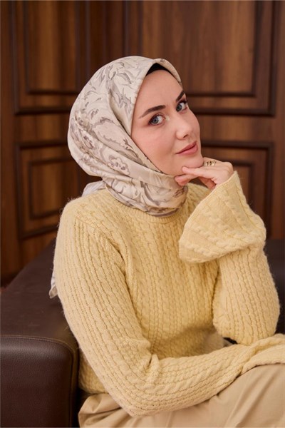 Twill İpek Eşarp Gri-Gümüş Ebru Desenli Tok Duruşlu 90x90