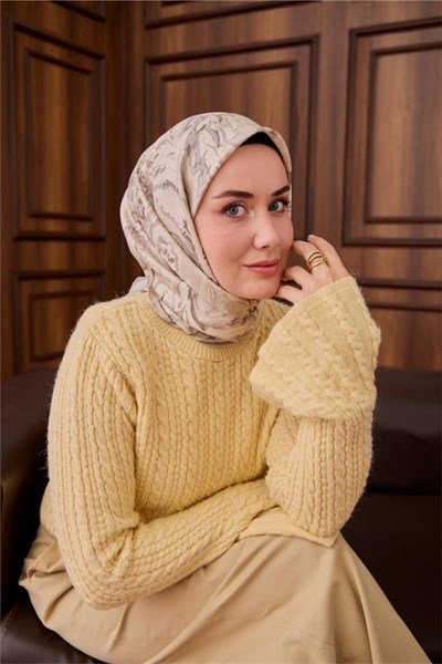 Twill İpek Eşarp Gri-Gümüş Ebru Desenli Tok Duruşlu 90x90
