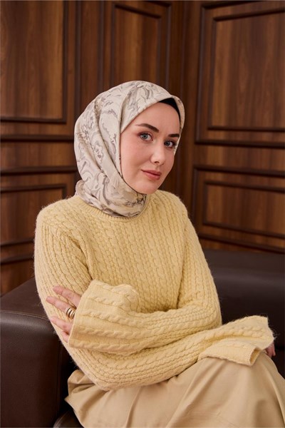 Twill İpek Eşarp Gri-Gümüş Ebru Desenli Tok Duruşlu 90x90