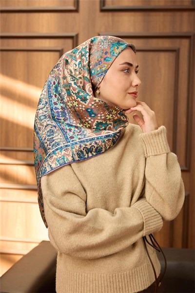 Twill İpek Eşarp Gül Kurusu-Mavi Desenli Kaymaz Tok Duruşlu 90x90