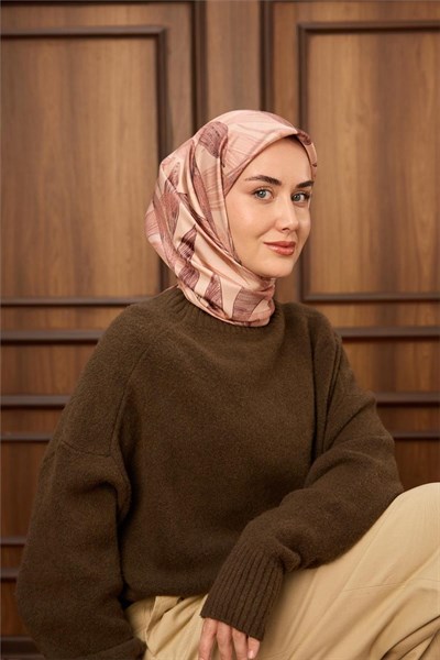 Twill İpek Eşarp Gül Kurusu-Pastel Pembe Desenli Tok Duruşlu 90x90