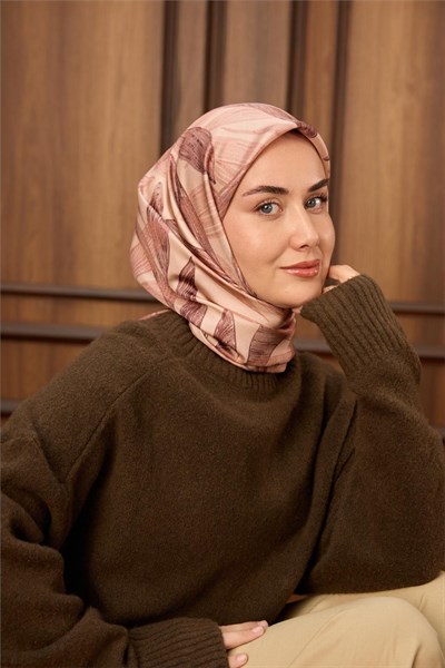 Twill İpek Eşarp Gül Kurusu-Pastel Pembe Desenli Tok Duruşlu 90x90