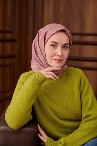 Twill İpek Eşarp Gül Kurusu–Toz Pembe Desenli Tok Duruşlu 90x90