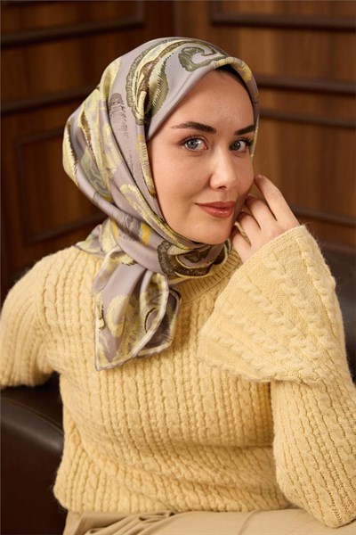 Twill İpek Eşarp Gümüş-Butter Yellow Desenli Tok Duruşlu 90x90