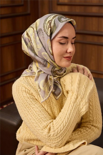 Twill İpek Eşarp Gümüş-Butter Yellow Desenli Tok Duruşlu 90x90