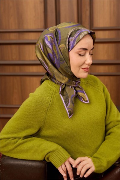 Twill İpek Eşarp Haki-Mor Desenli Tok Duruşlu 90x90