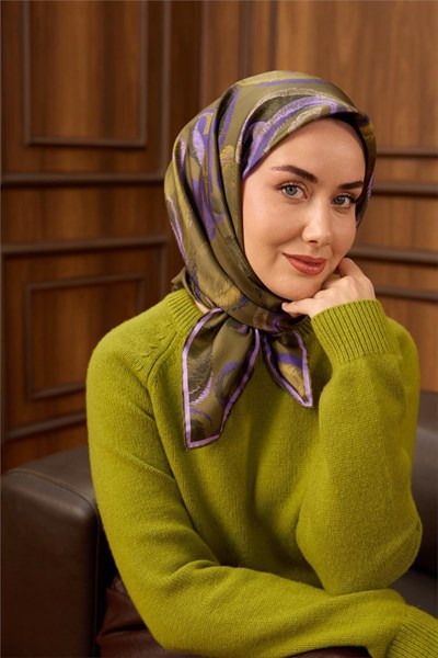 Twill İpek Eşarp Haki-Mor Desenli Tok Duruşlu 90x90