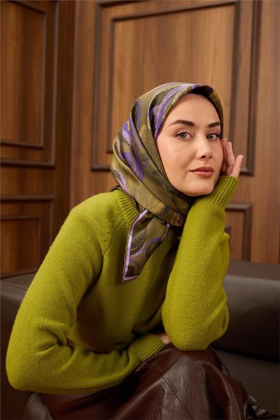 Twill İpek Eşarp Haki-Mor Desenli Tok Duruşlu 90x90