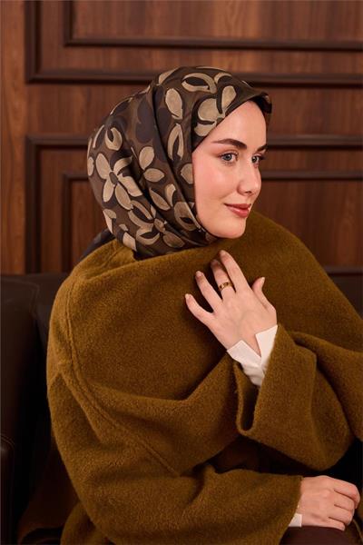 Twill İpek Eşarp Haki Papatya Desen 90x90