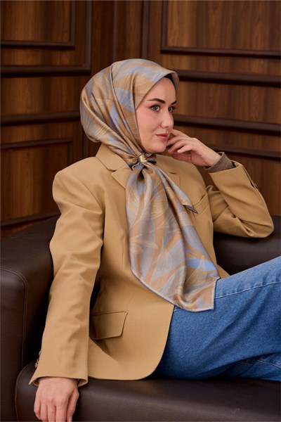 Twill İpek Eşarp İndigo-Sütlü Kahve Saman Geçişli Kaymaz Tok Duruşlu 90x90
