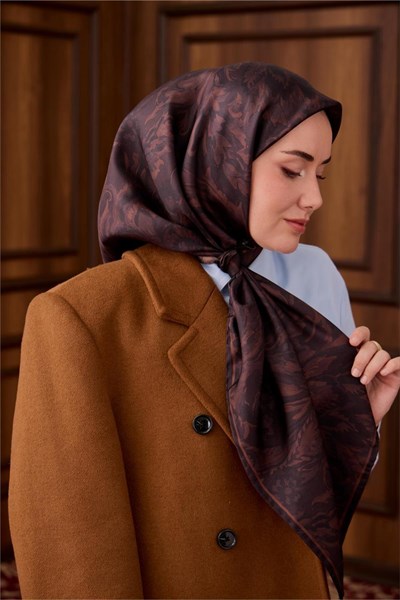 Twill İpek Eşarp Kahve-Mor Desenli Tok Duruşlu 90x90