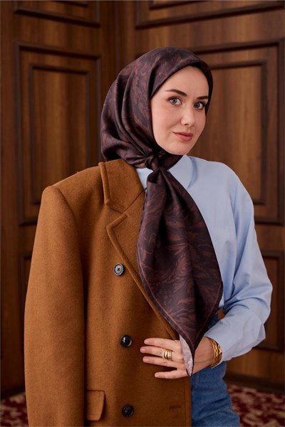 Twill İpek Eşarp Kahve-Mor Desenli Tok Duruşlu 90x90