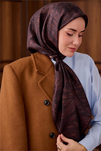 Twill İpek Eşarp Kahve-Mor Desenli Tok Duruşlu 90x90