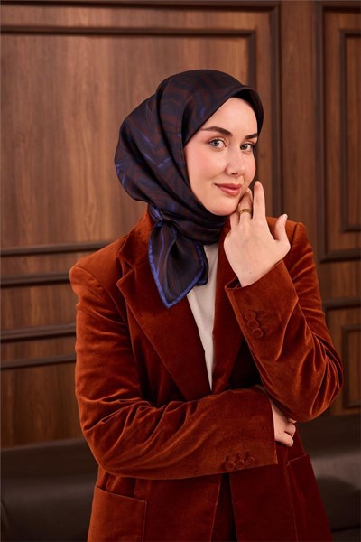 Twill İpek Eşarp Kahverengi Lacivert Saks Çizgili Tok Duruşlu 90x90