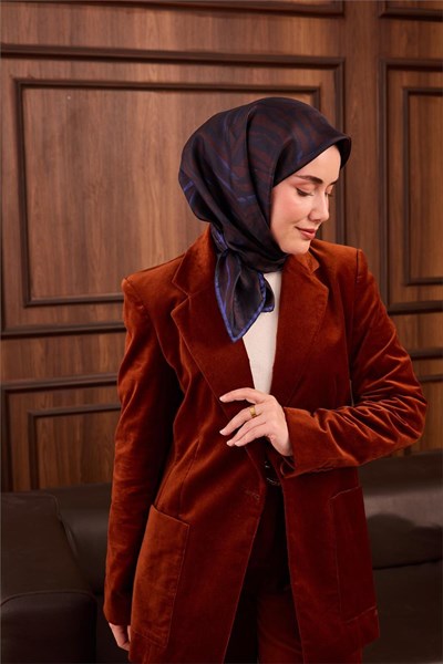 Twill İpek Eşarp Kahverengi Lacivert Saks Çizgili Tok Duruşlu 90x90