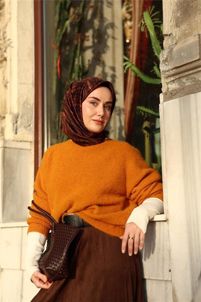 Twill İpek Eşarp Kahverengi Mercan Geometrik Desenli Tok Duruşlu 90x90