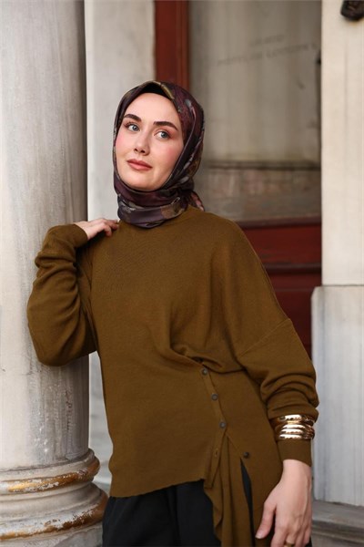 Twill İpek Eşarp Kahverengi-Yeşil Çiçek Desenli Tok Duruşlu Kaymaz 90x90