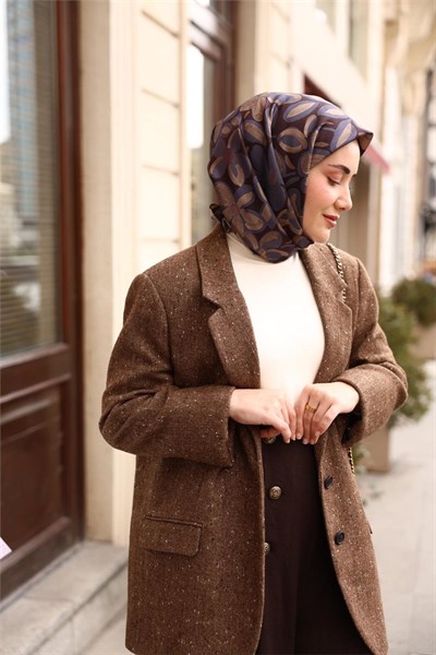 Twill İpek Eşarp Karolina Mavi Vizon Acı Kahve Papatya Desenli Tok Duruşlu 90x90